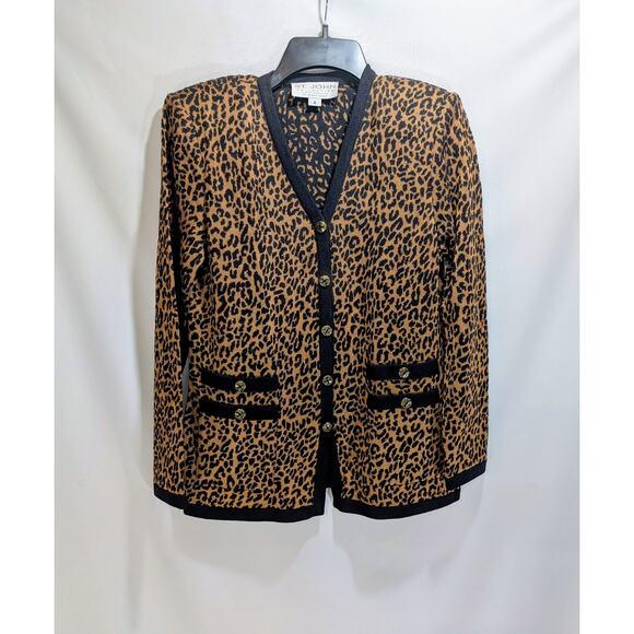 St John Collection Marie Gray Leopard Print Santana Knit Cardigan Jacket Size 4 - Picture 1 of 6